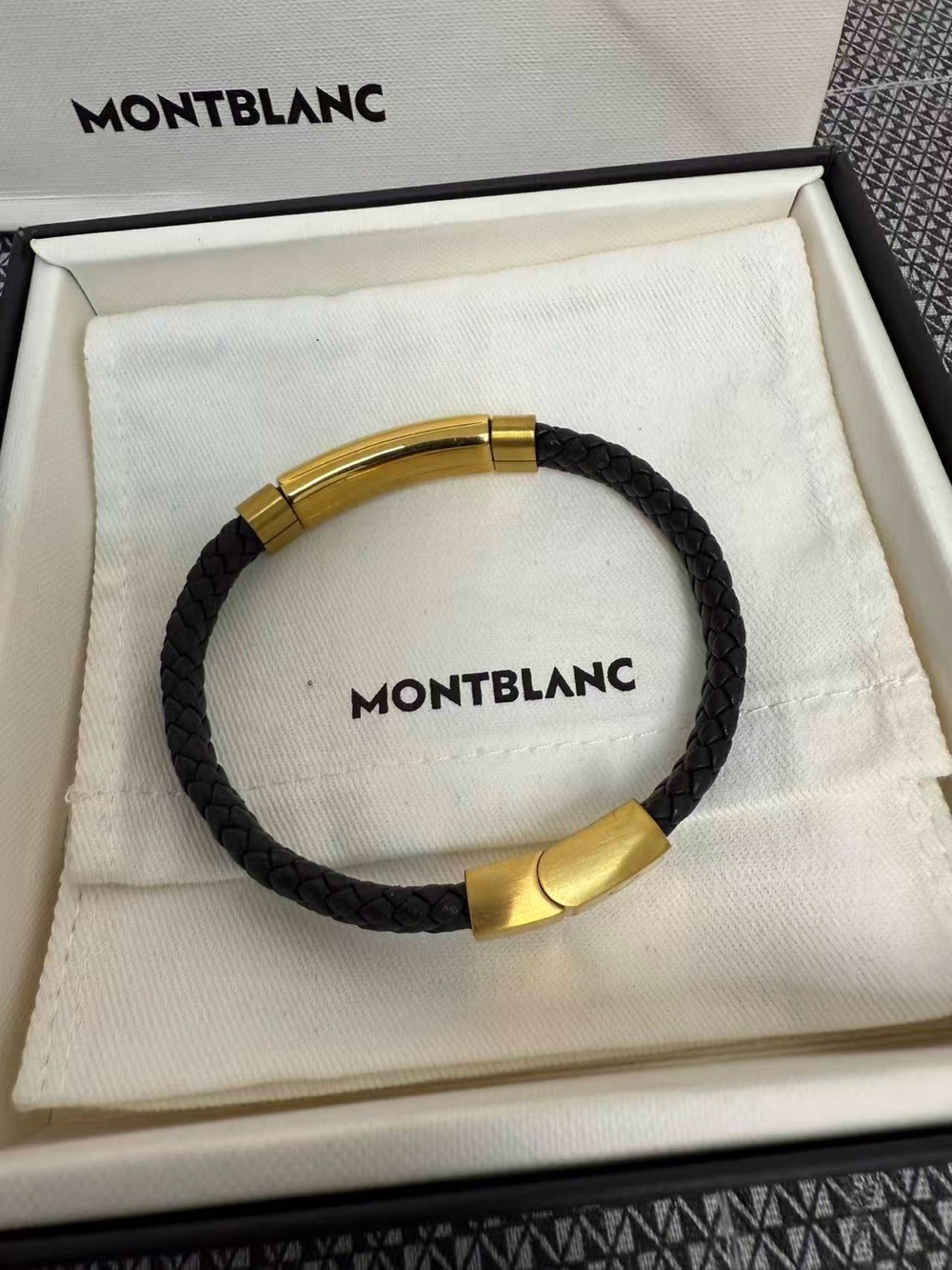 Montblanc Black Braided Leather Bracelet with Gold Accents